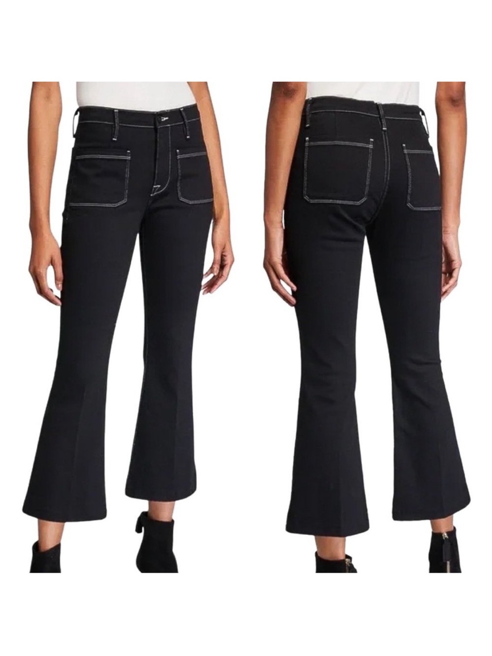 Frame Le Bardot Crop Flare Contrast Stitch Cotton Denim Jeans Black Size 25